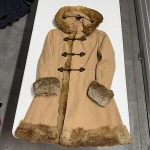 Vintage penny lane Wool Blend Fur Trimmed Toggle Hooded Coat Tan union made
